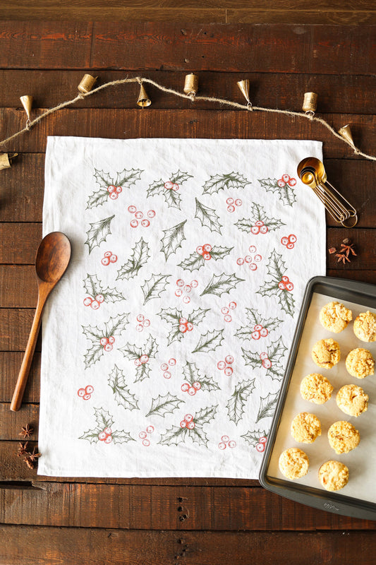 Botanical Holly Tea Towel - Christmas Holiday Decor