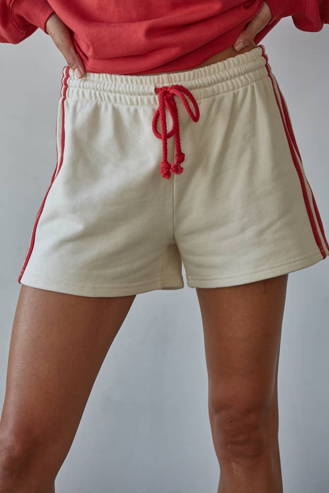 L8598B | Knit Cotton French Terry Wide Leg Shorts: Cream Red