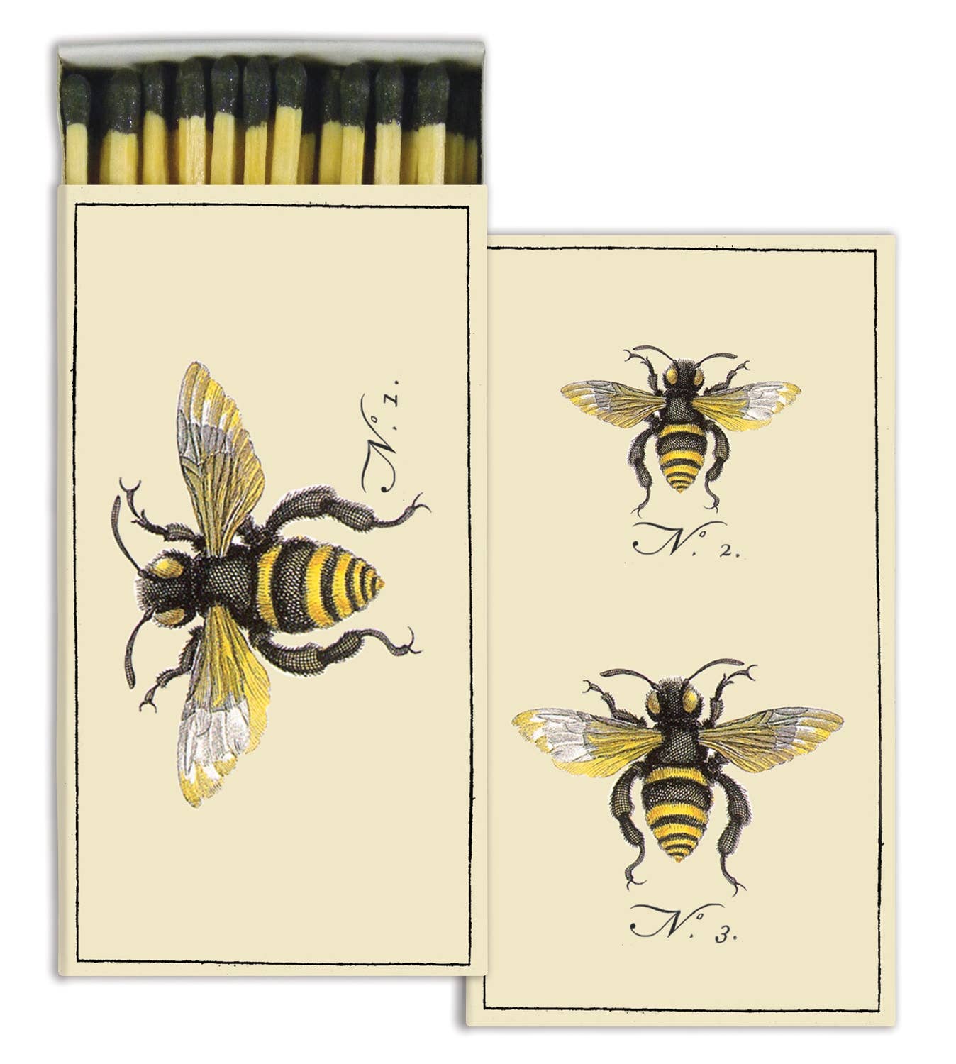 Matchbox with illustrations of bees on a beige background