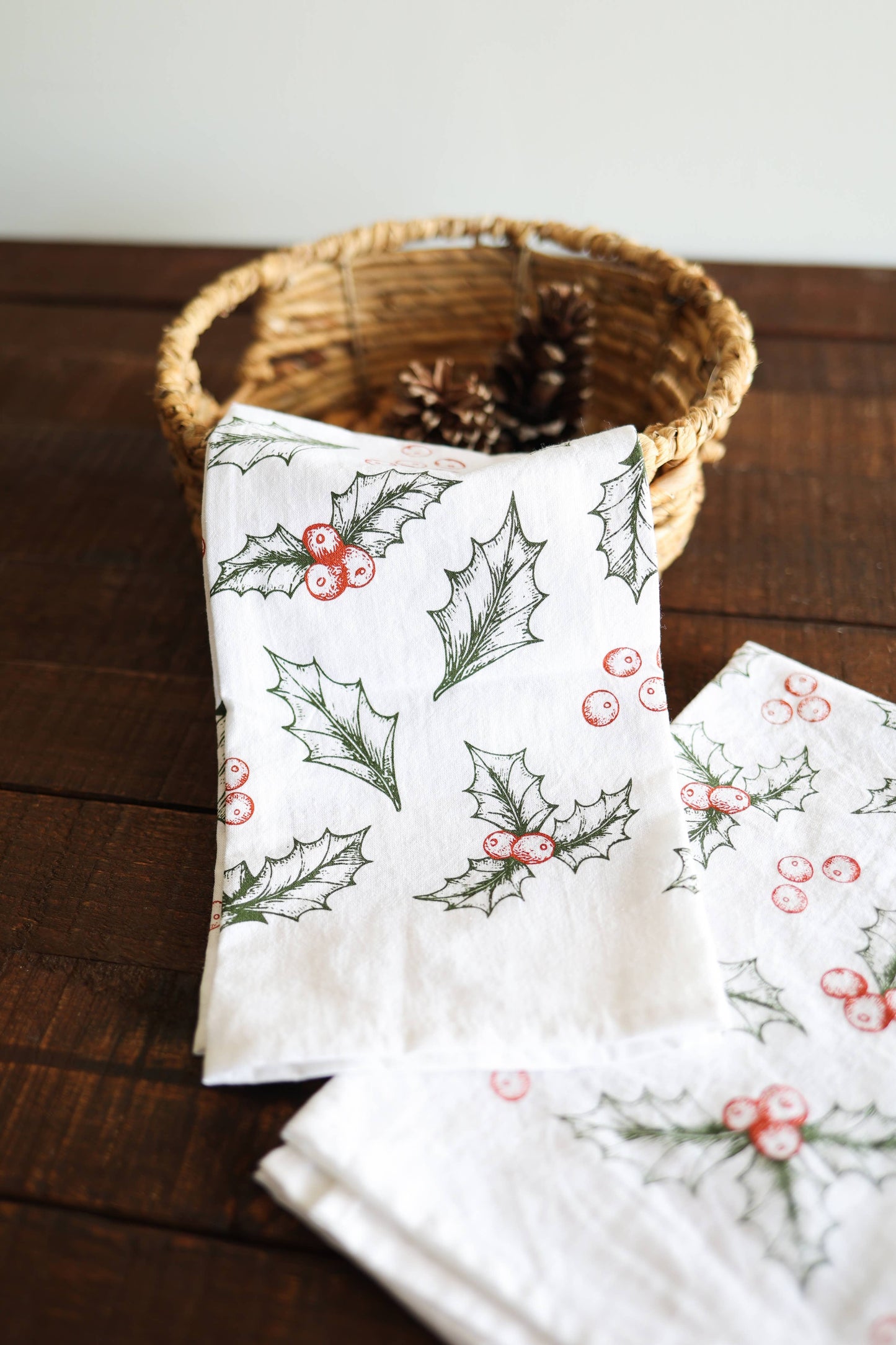 Botanical Holly Tea Towel - Christmas Holiday Decor