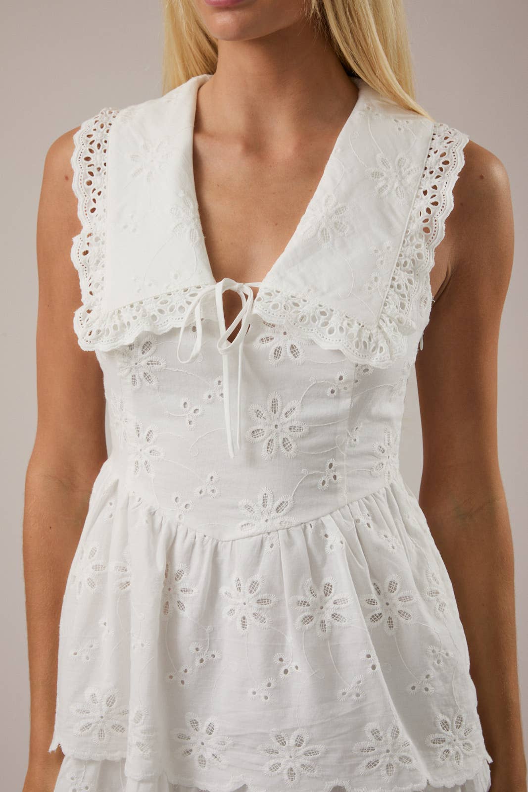 White Eyelet Tie Front Mini Dress