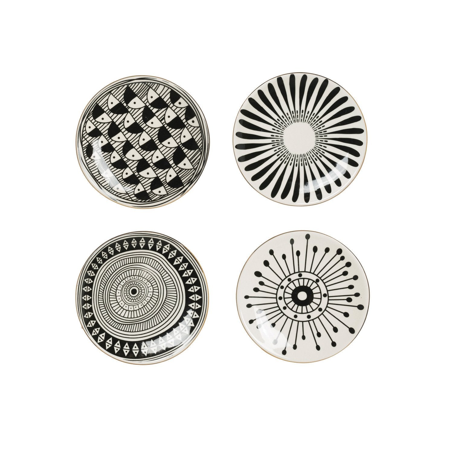 Stoneware Plate w/ Pattern & Gold Electroplating, Black & White, 4 Styles