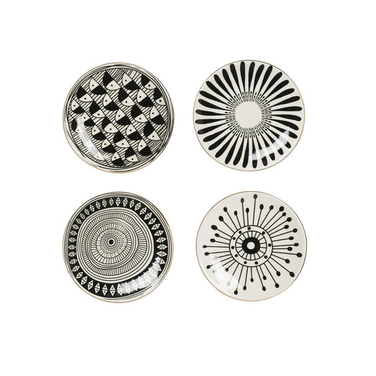 Stoneware Plate w/ Pattern & Gold Electroplating, Black & White, 4 Styles