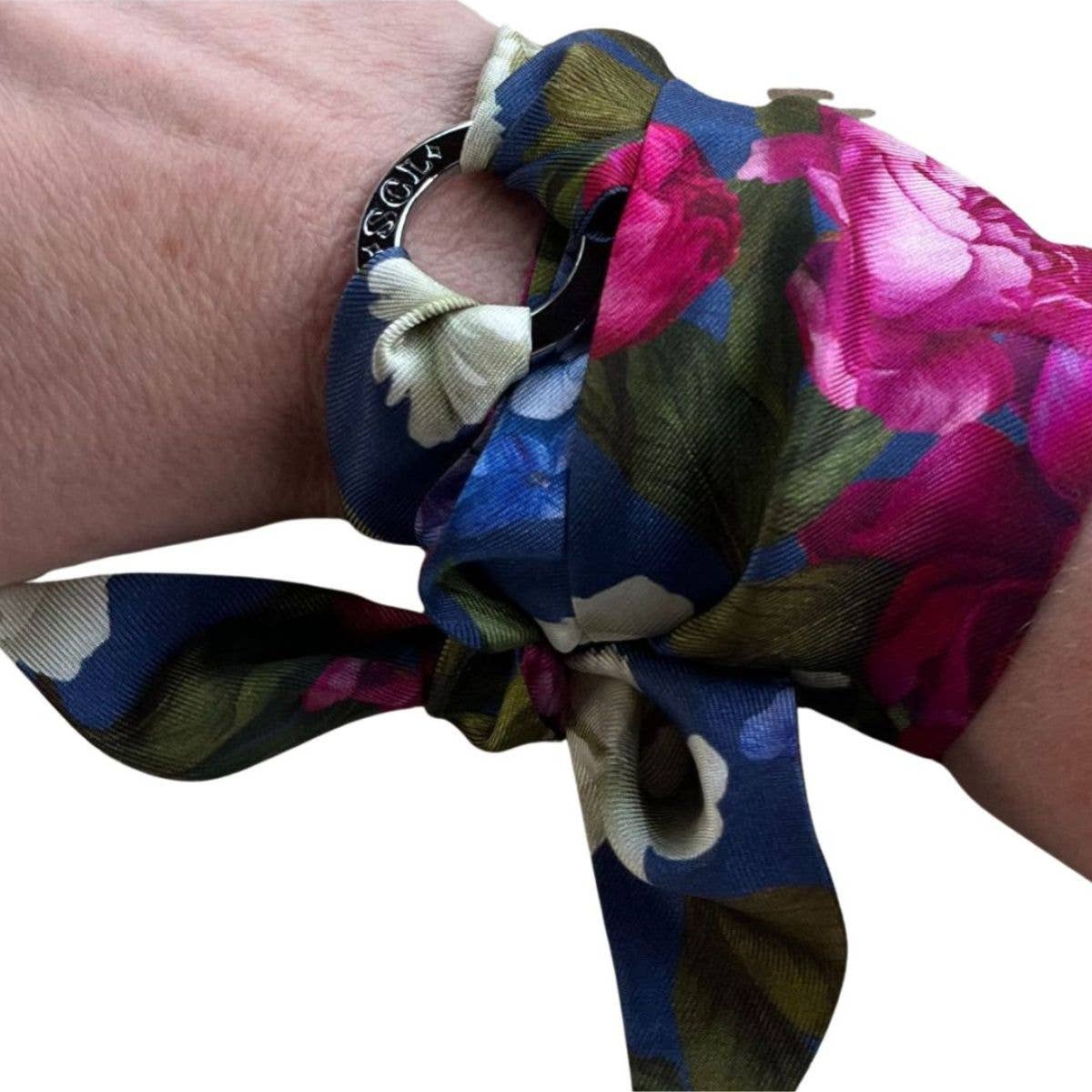 Twilly-Tie Set-Romantic Blue Floral | Wrist Scarf Ring 42": Classic Gold