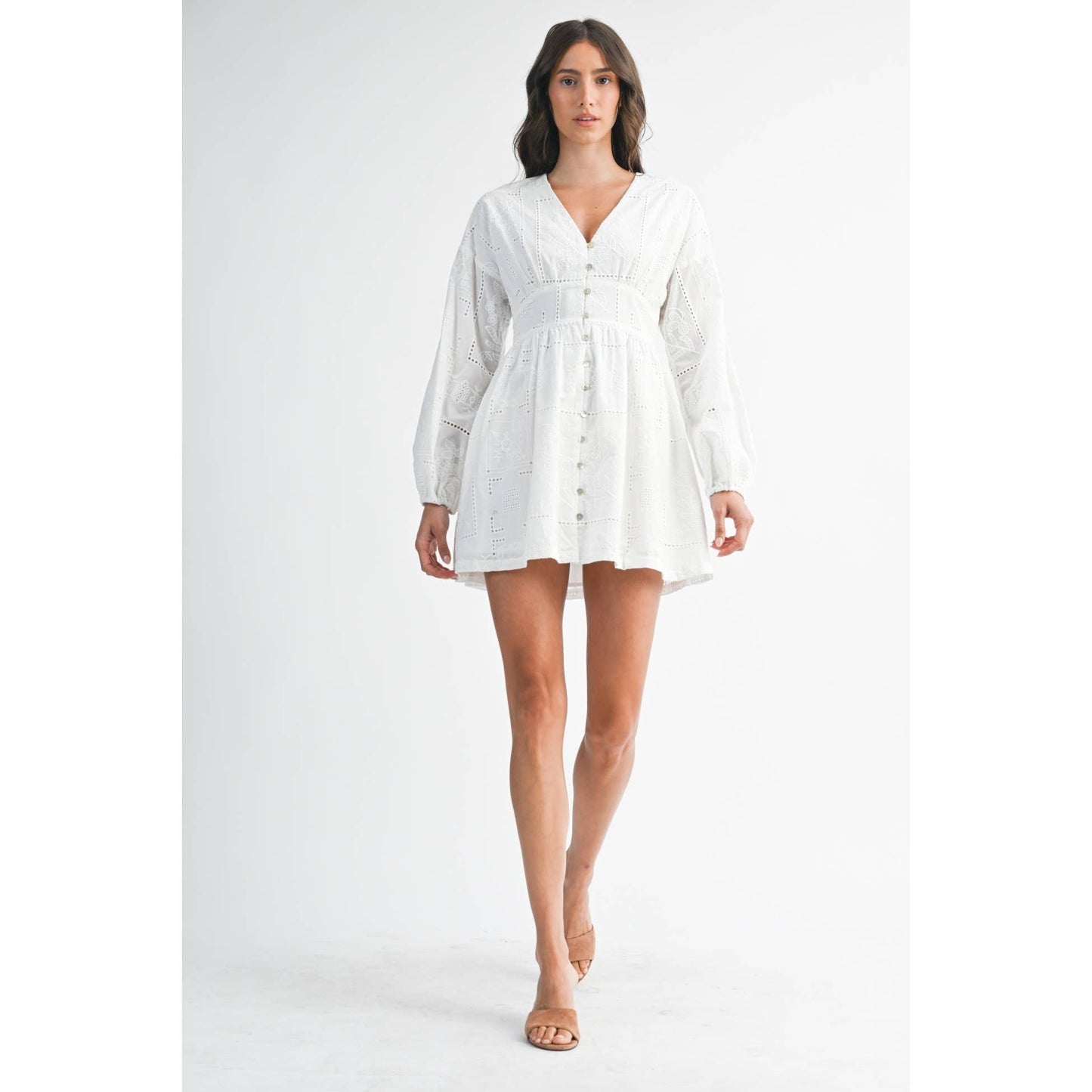 Embroidered Button Down Long Sleeve Mini Dress