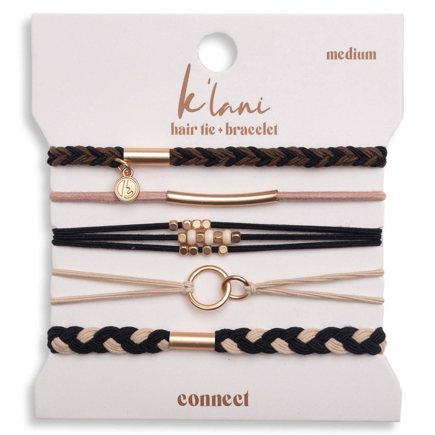 Set of hair tie-bracelets on a 'k'lani' branded card.