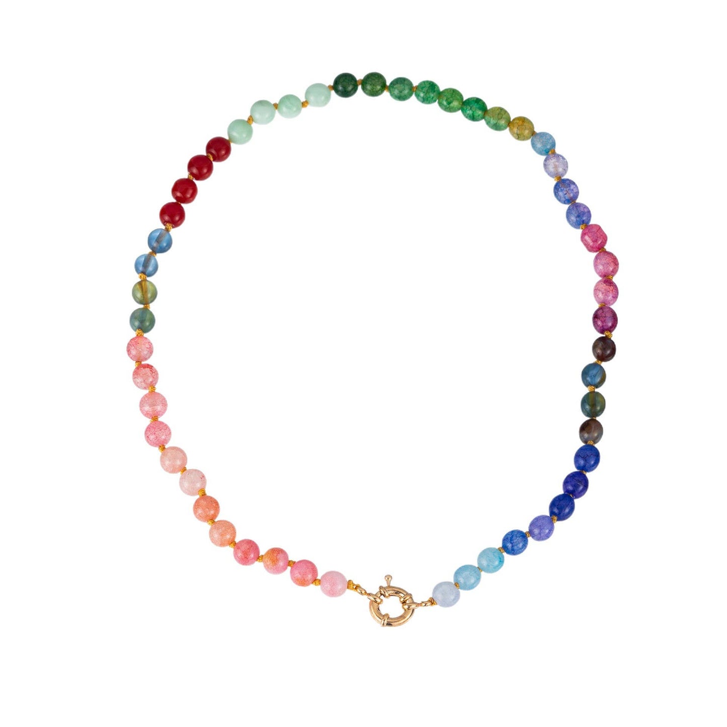 A beaded chakra necklace made of round, polished gemstone beads arranged in a rainbow sequence, completed with a gold-tone toggle clasp, shown on a plain white background.