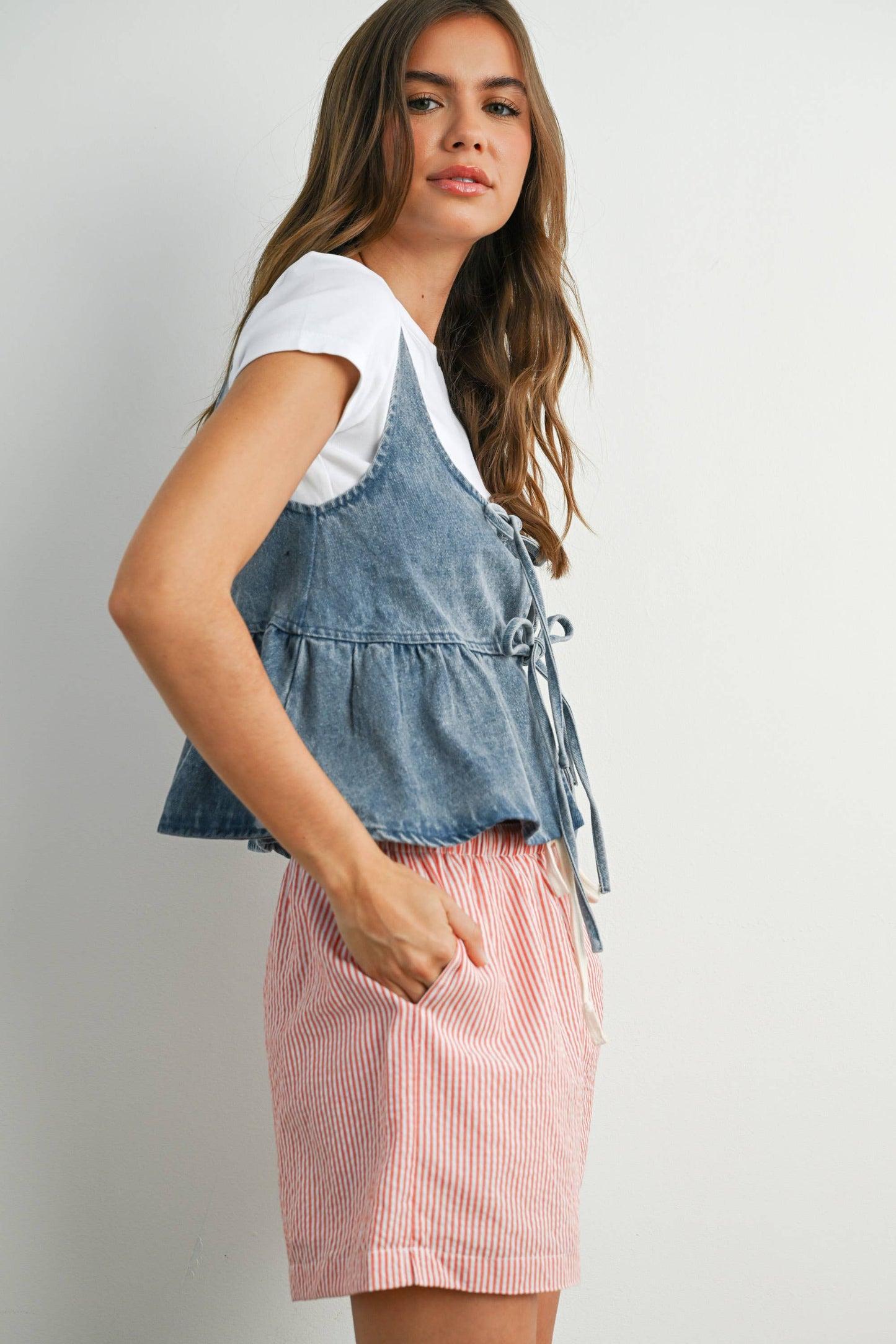 Denim Tie Front Peplum Tank Top