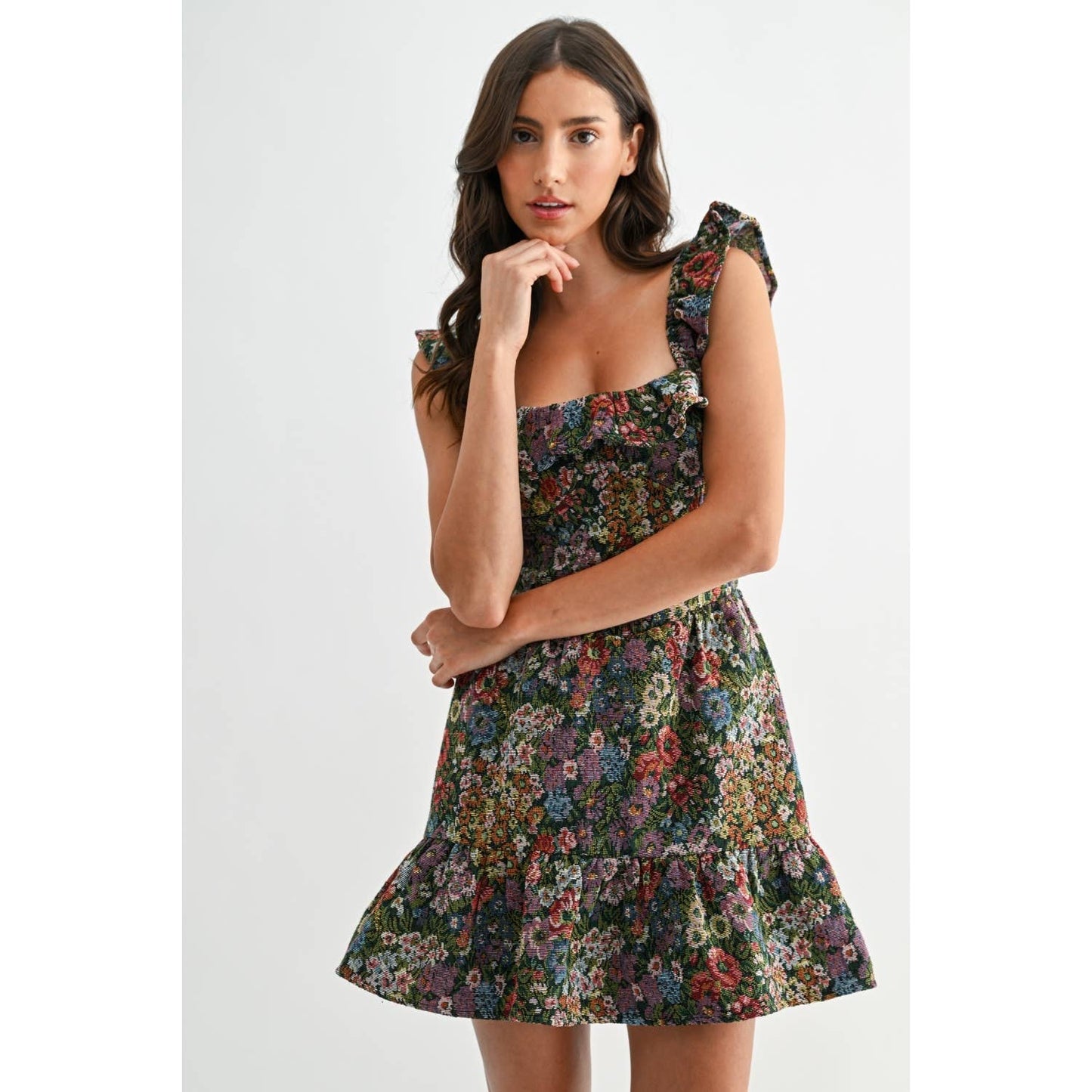 FLORAL JACQUARD RUFFLE MINI DRESS: BLACK/YELLOW MULTI