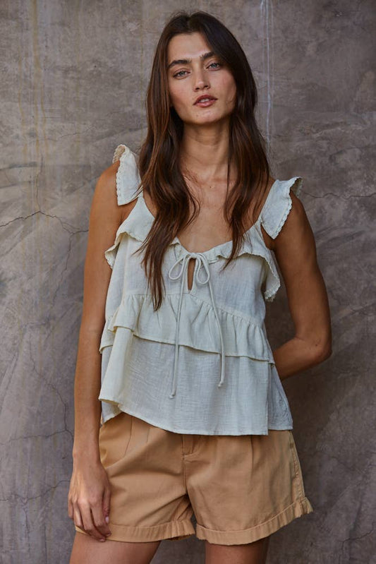 Woven Polyester Scoop Neck Sleeveless Tie Front Top
