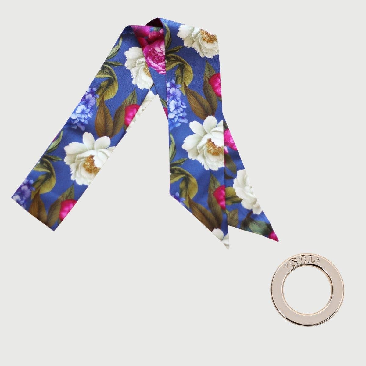 Twilly-Tie Set-Romantic Blue Floral | Wrist Scarf Ring 42": Classic Gold