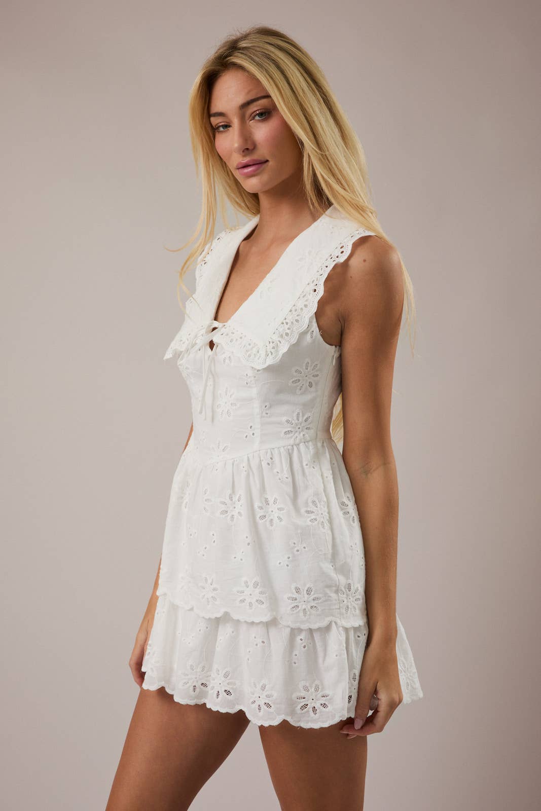 White Eyelet Tie Front Mini Dress