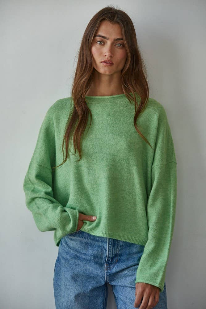 W2114 | Knit Sweater Rolled Round Neck Pullover Top: Off White / L