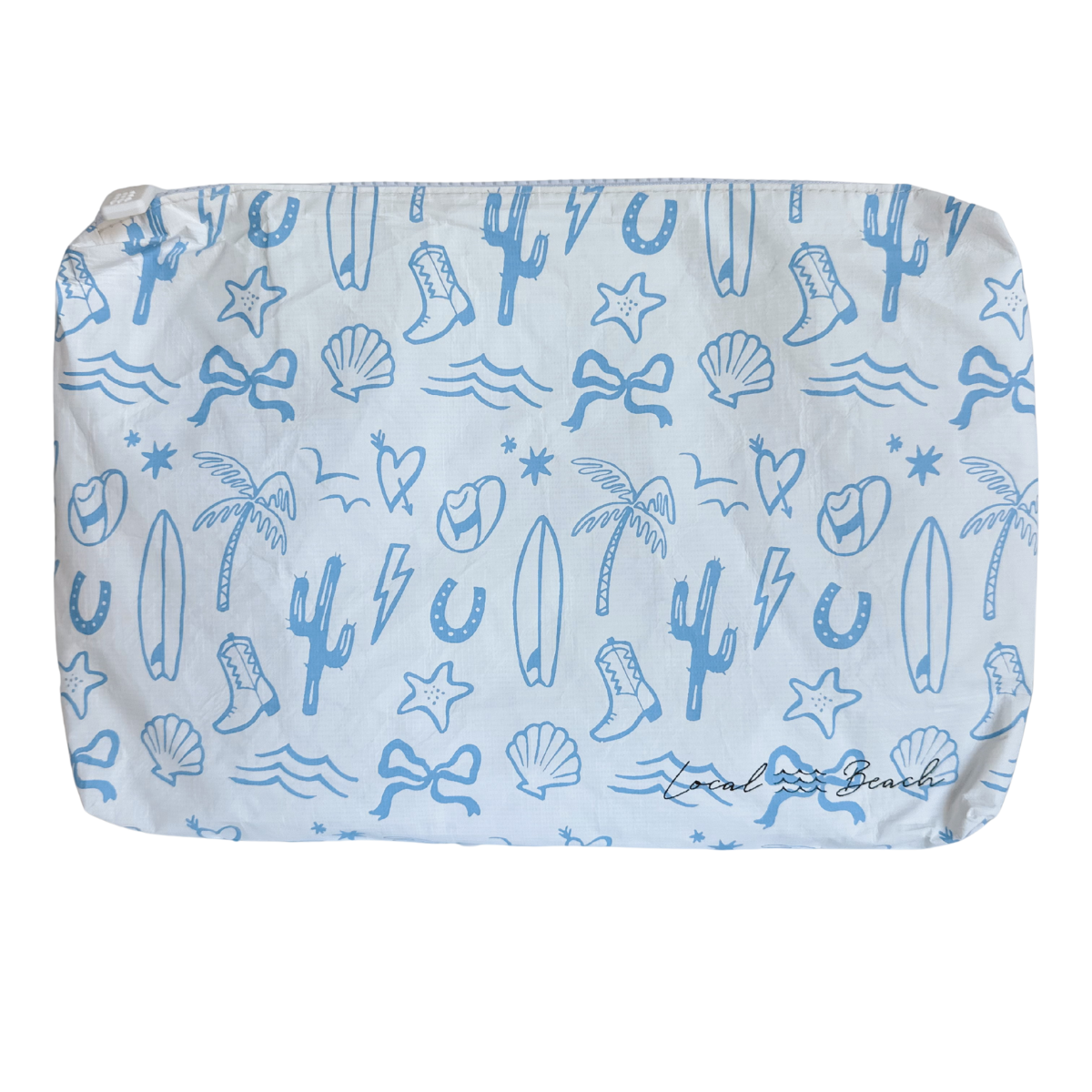 Rectangular pouch with blue beach-themed pattern on a light blue background