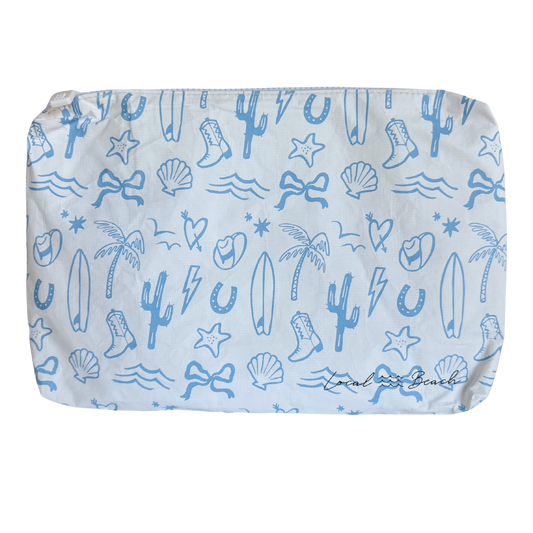 Rectangular pouch with blue beach-themed pattern on a light blue background