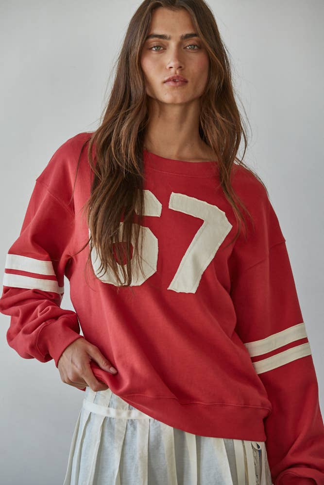 L8598T | Knit Cotton French Terry Crew Neck Pullover: Dusty Red