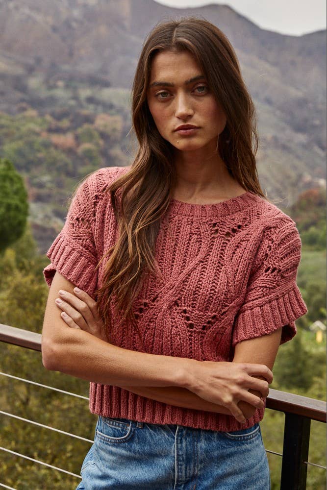 W1124 | Knit Sweater Crochet Round Neck Short Sleeve Top: Cream