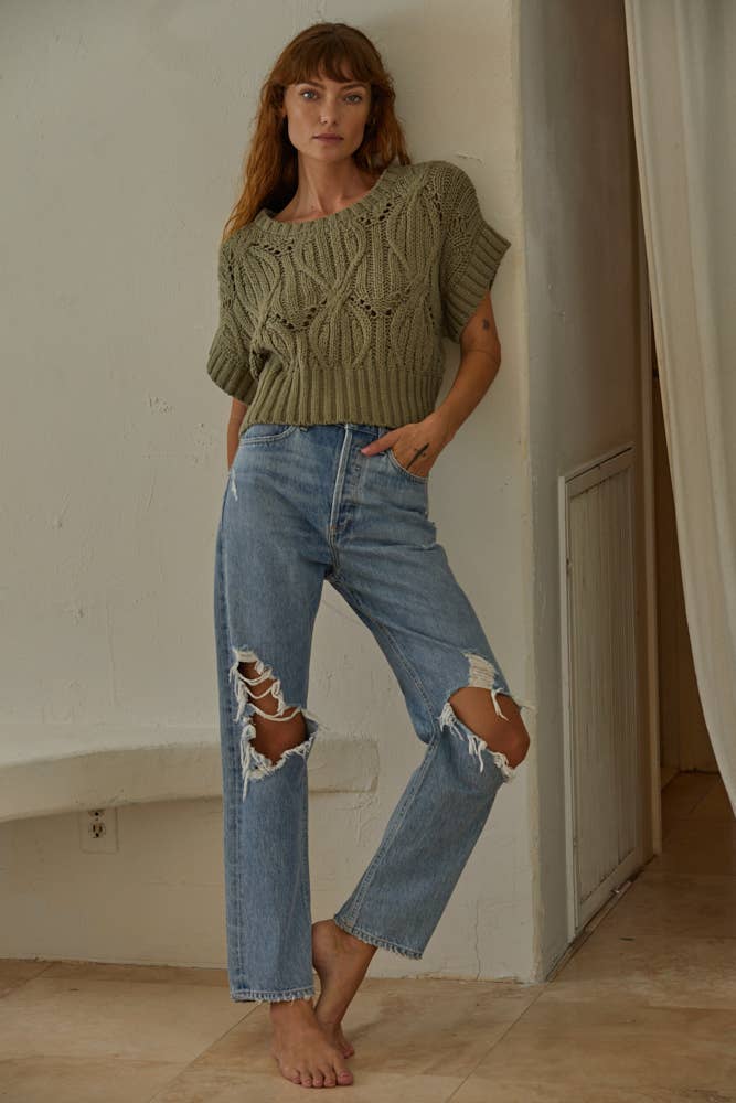 W1124 | Knit Sweater Crochet Round Neck Short Sleeve Top: Cream