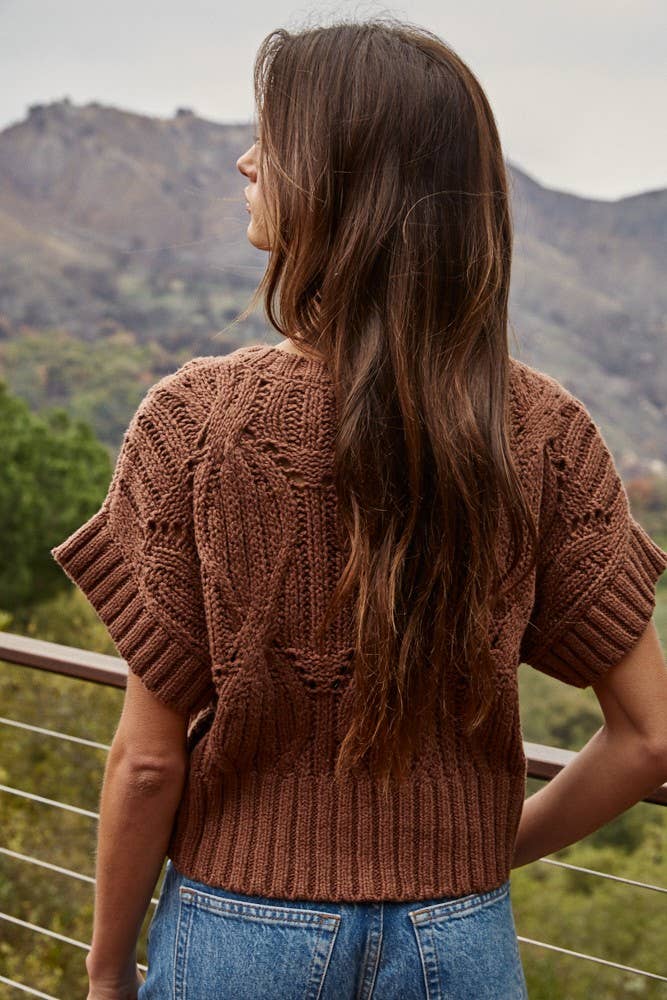 W1124 | Knit Sweater Crochet Round Neck Short Sleeve Top: Cream