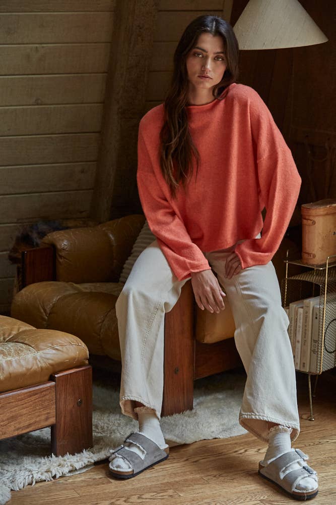 W2114 | Knit Sweater Rolled Round Neck Pullover Top: Off White / L