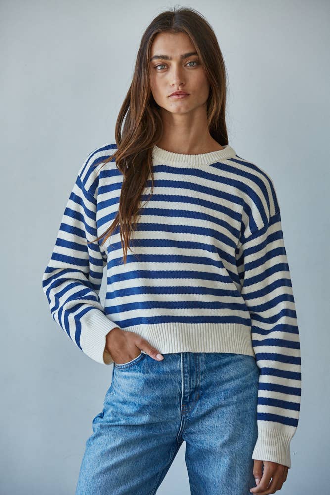 Knit Sweater Nylon Wool Acrylic Striped Pullover: Cream Navy