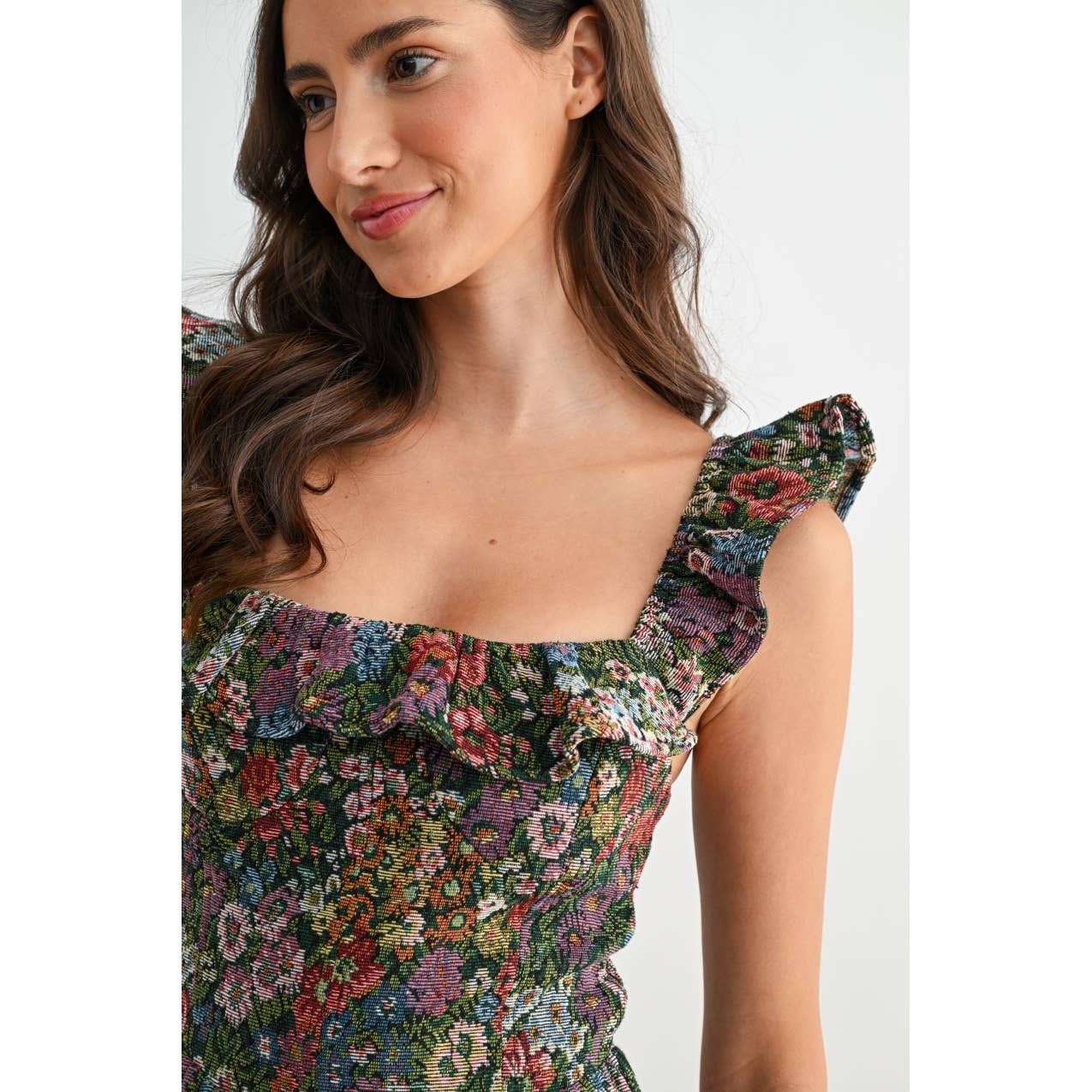 FLORAL JACQUARD RUFFLE MINI DRESS: BLACK/YELLOW MULTI