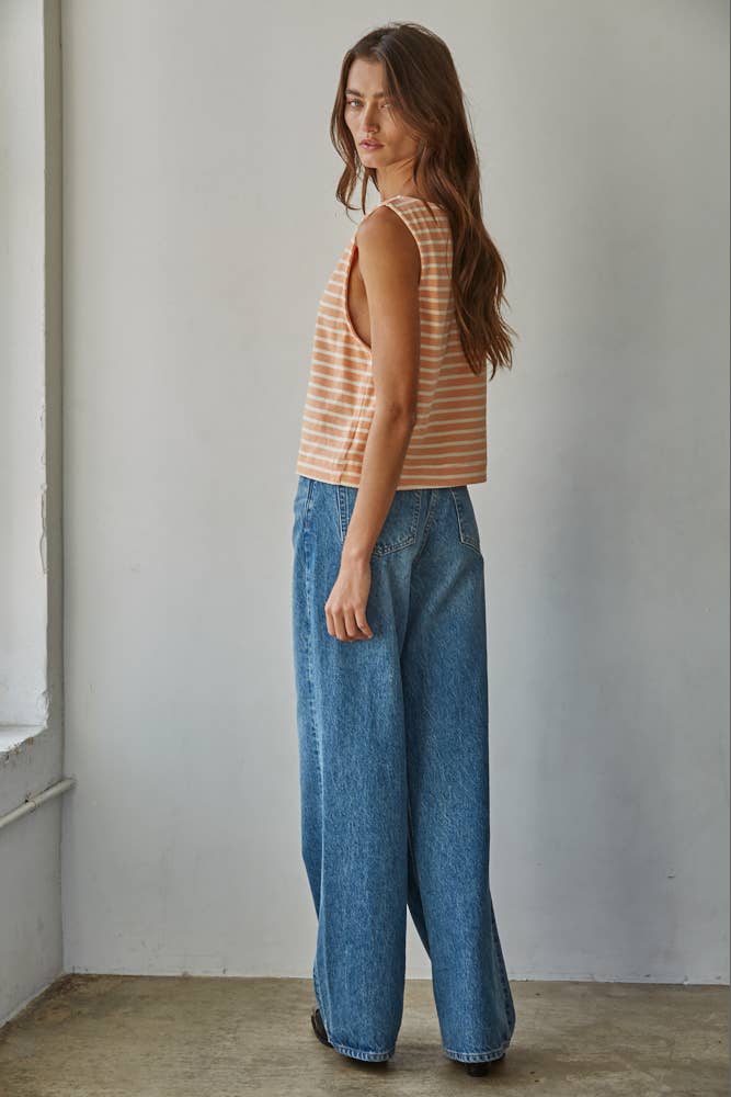 Coral Cotton Striped Sleeveless Tank Top