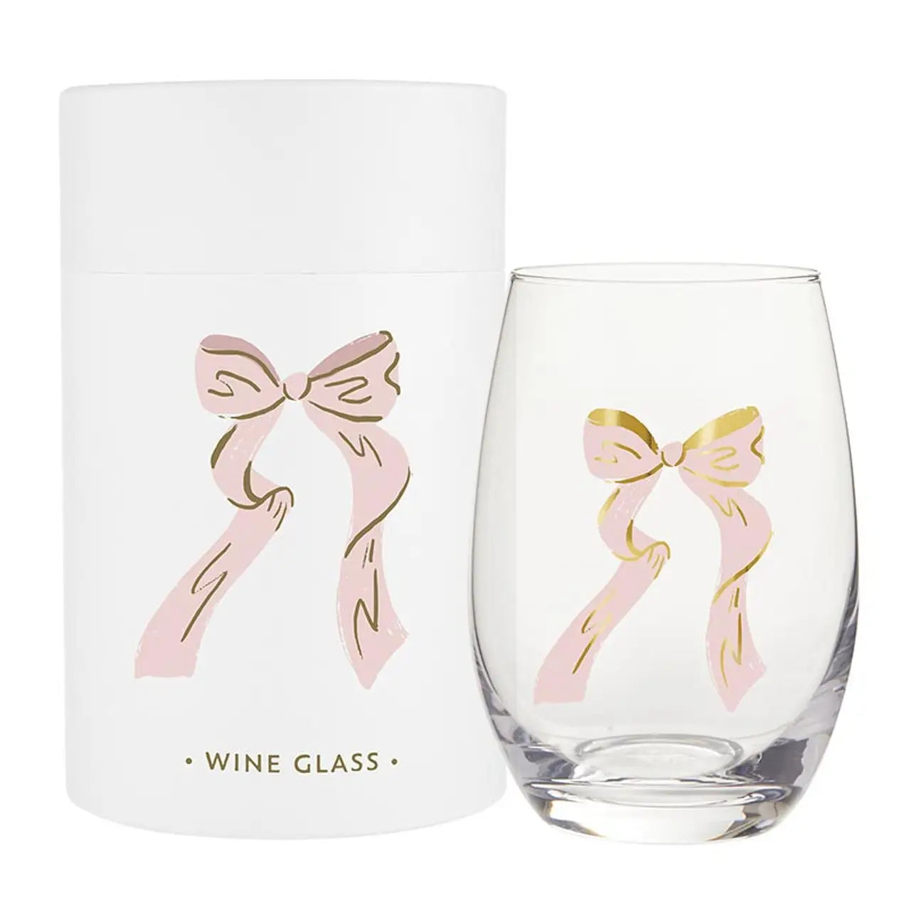 Clear wine glass with pink and gold bow design on a white box labeled 'Wine Glass'.