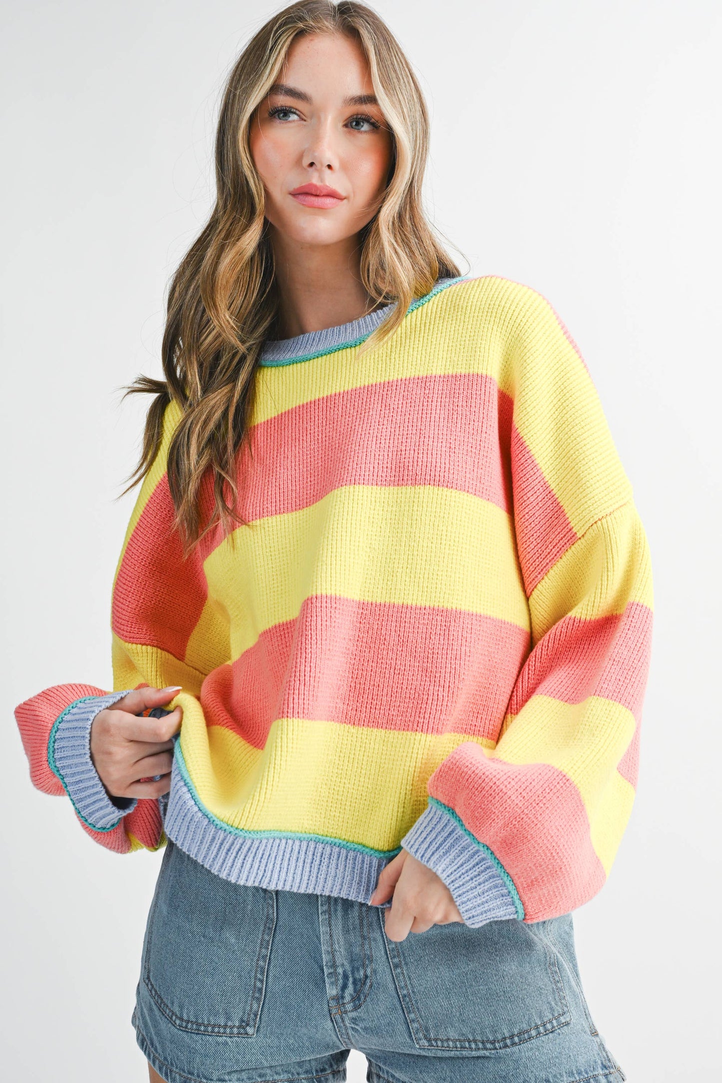 3404GK Striped Knit Crewneck Pullover Sweater: Sunburst / Contemporary