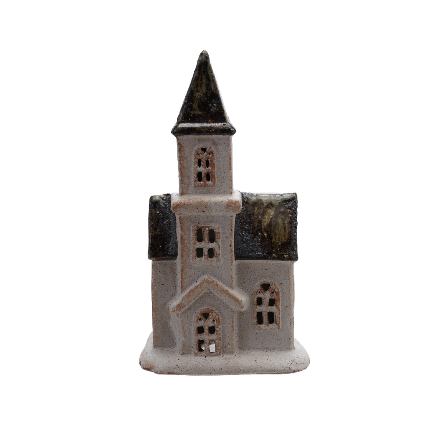 Stoneware House, Reactive Glaze, White & Brown (Each One Will Vary)