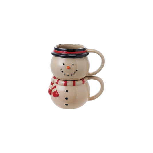 Hand-Painted Stoneware Stackable Snowman Mugs, Set of 2